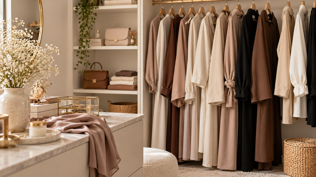 Garde-robe modeste élégante avec vêtements aux tons neutres