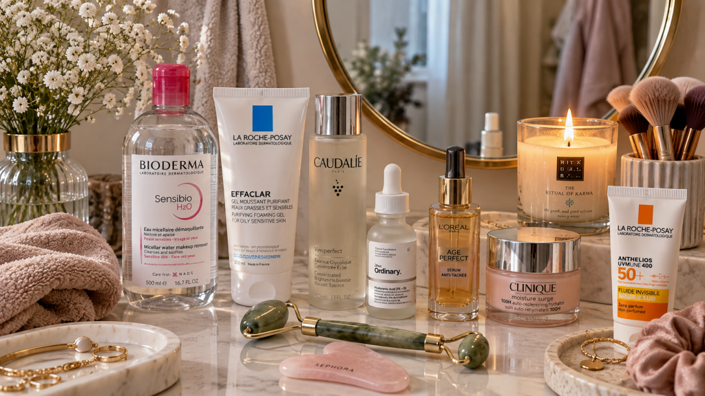 Routine beauté simple avec soins visage et produits de beauté